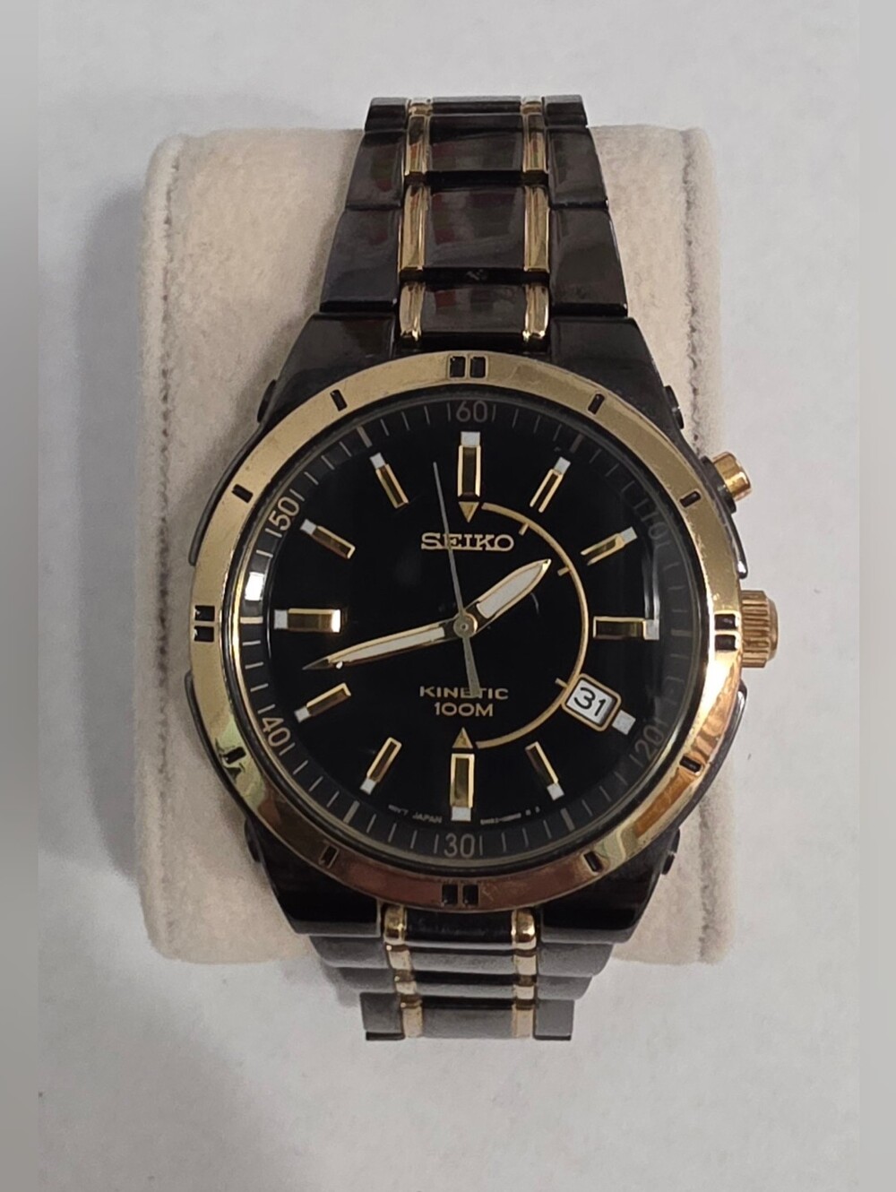 ​Seiko Kinetic 100M Men’s Watch Black Dial Two Tone Gold Date - Needs Capacitor